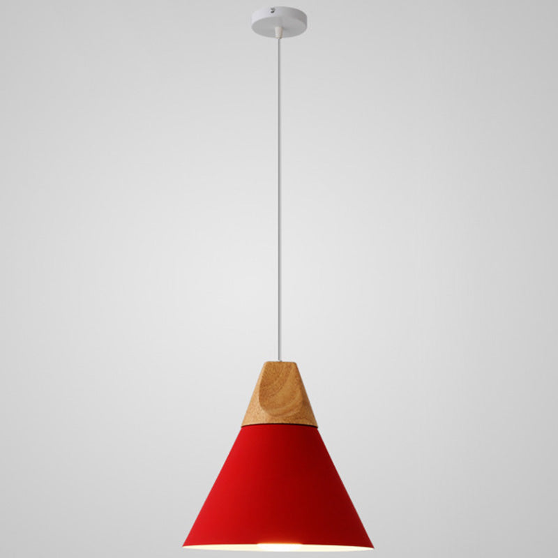 Metal Tapered Hanging Light Nordic Style 1 Light Restaurant Ceiling Pendant Lamp with Wooden Top Red 9" Clearhalo 'Ceiling Lights' 'Modern Pendants' 'Modern' 'Pendant Lights' 'Pendants' Lighting' 2579809