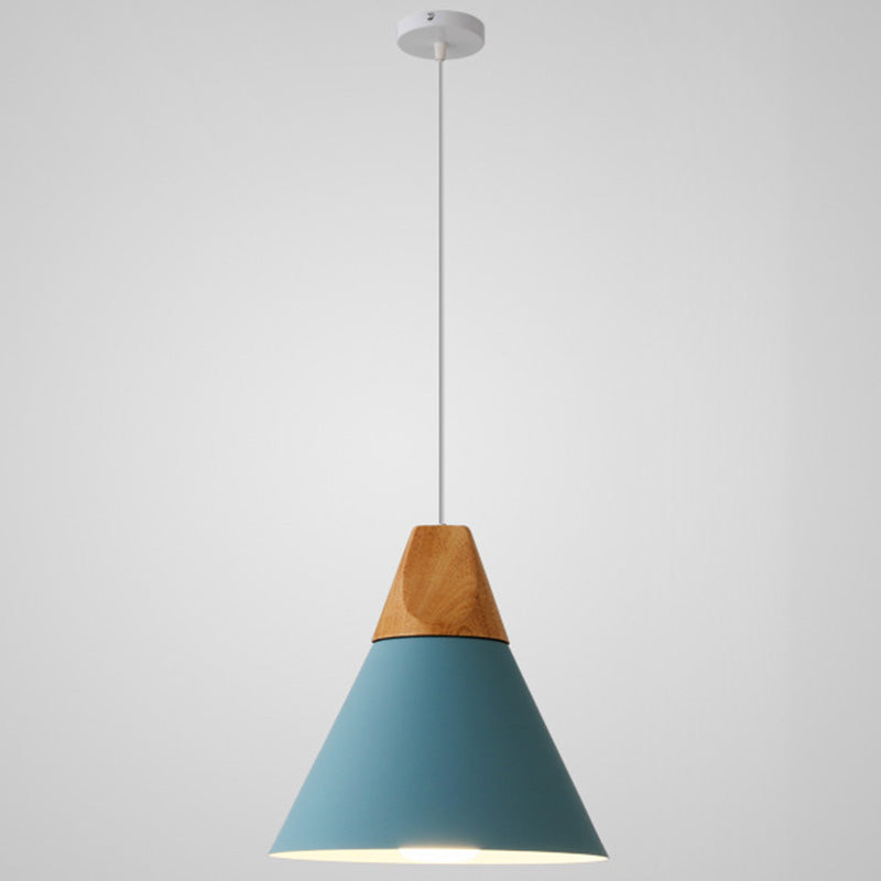 Metal Tapered Hanging Light Nordic Style 1 Light Restaurant Ceiling Pendant Lamp with Wooden Top Blue 10" Clearhalo 'Ceiling Lights' 'Modern Pendants' 'Modern' 'Pendant Lights' 'Pendants' Lighting' 2579812