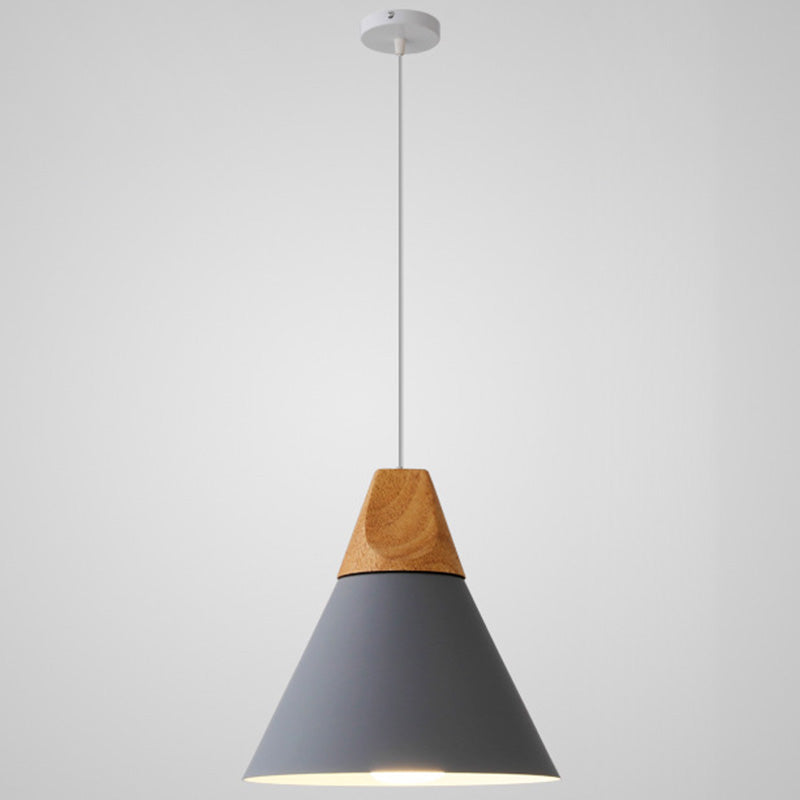 Metal Tapered Hanging Light Nordic Style 1 Light Restaurant Ceiling Pendant Lamp with Wooden Top Grey 10" Clearhalo 'Ceiling Lights' 'Modern Pendants' 'Modern' 'Pendant Lights' 'Pendants' Lighting' 2579814