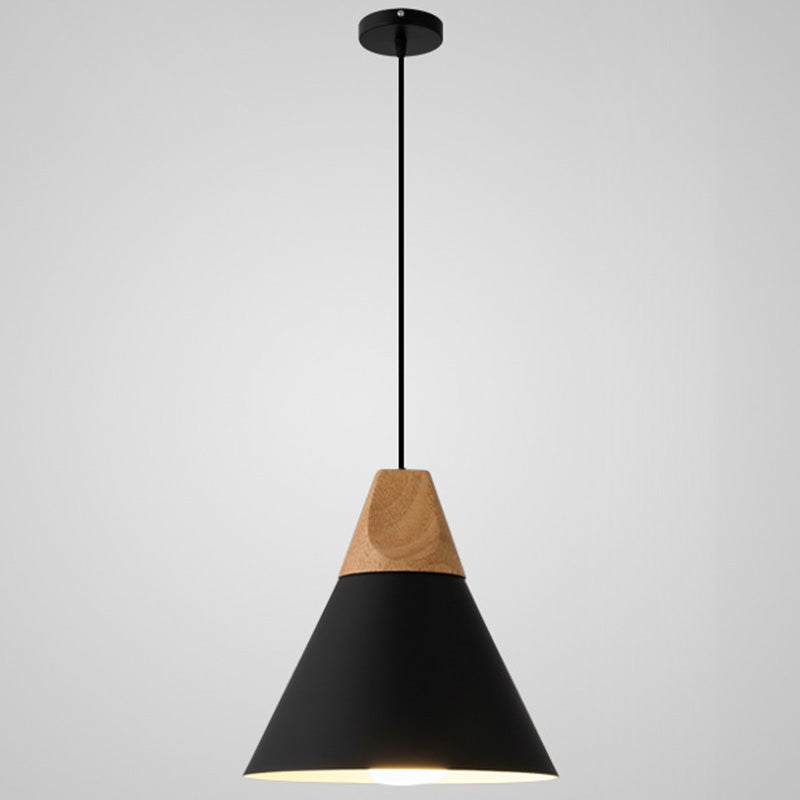 Metal Tapered Hanging Light Nordic Style 1 Light Restaurant Ceiling Pendant Lamp with Wooden Top Black 10" Clearhalo 'Ceiling Lights' 'Modern Pendants' 'Modern' 'Pendant Lights' 'Pendants' Lighting' 2579816