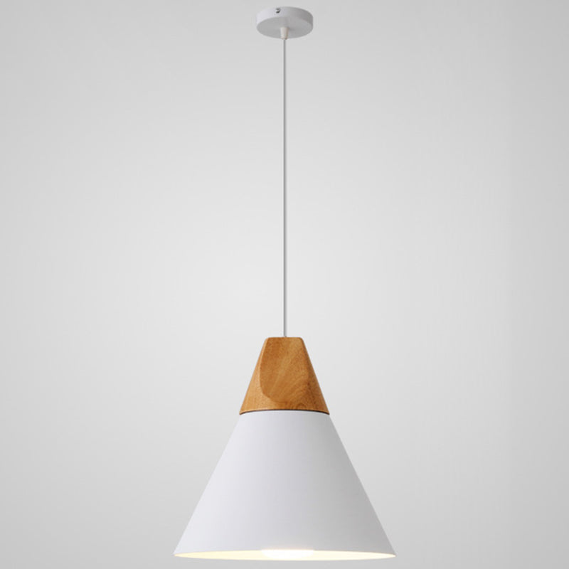 Metal Tapered Hanging Light Nordic Style 1 Light Restaurant Ceiling Pendant Lamp with Wooden Top White 10" Clearhalo 'Ceiling Lights' 'Modern Pendants' 'Modern' 'Pendant Lights' 'Pendants' Lighting' 2579818
