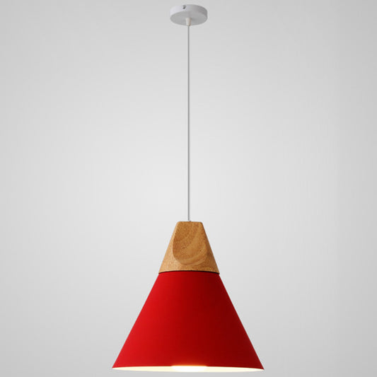 Metal Tapered Hanging Light Nordic Style 1 Light Restaurant Ceiling Pendant Lamp with Wooden Top Red 10" Clearhalo 'Ceiling Lights' 'Modern Pendants' 'Modern' 'Pendant Lights' 'Pendants' Lighting' 2579820