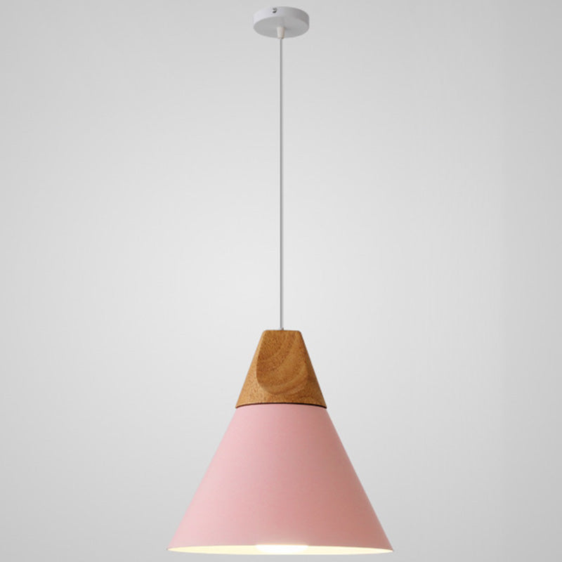 Metal Tapered Hanging Light Nordic Style 1 Light Restaurant Ceiling Pendant Lamp with Wooden Top Pink 10" Clearhalo 'Ceiling Lights' 'Modern Pendants' 'Modern' 'Pendant Lights' 'Pendants' Lighting' 2579821