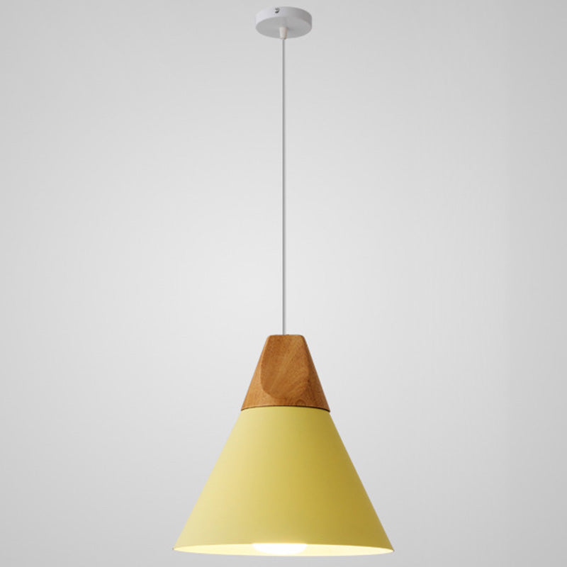 Metal Tapered Hanging Light Nordic Style 1 Light Restaurant Ceiling Pendant Lamp with Wooden Top Yellow 10" Clearhalo 'Ceiling Lights' 'Modern Pendants' 'Modern' 'Pendant Lights' 'Pendants' Lighting' 2579824