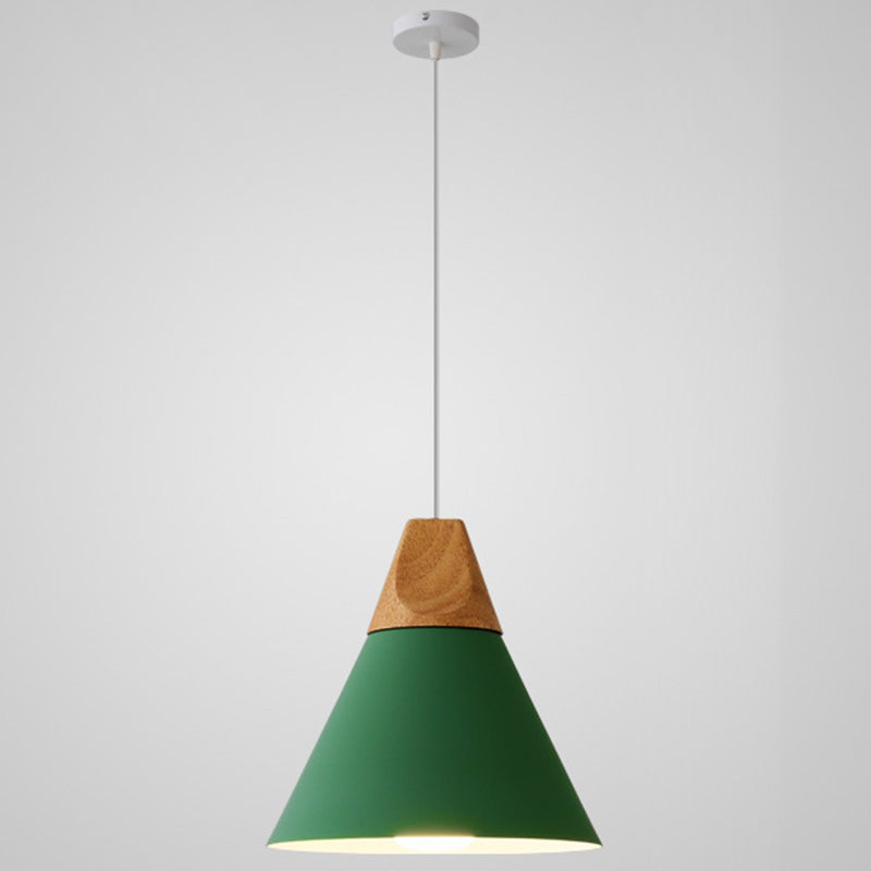 Metal Tapered Hanging Light Nordic Style 1 Light Restaurant Ceiling Pendant Lamp with Wooden Top Green 10" Clearhalo 'Ceiling Lights' 'Modern Pendants' 'Modern' 'Pendant Lights' 'Pendants' Lighting' 2579826