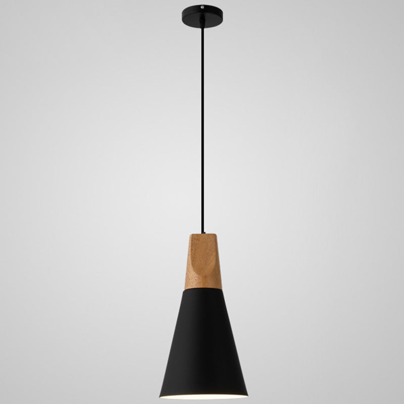 Metal Tapered Hanging Light Nordic Style 1 Light Restaurant Ceiling Pendant Lamp with Wooden Top Black 5.5" Clearhalo 'Ceiling Lights' 'Modern Pendants' 'Modern' 'Pendant Lights' 'Pendants' Lighting' 2579828