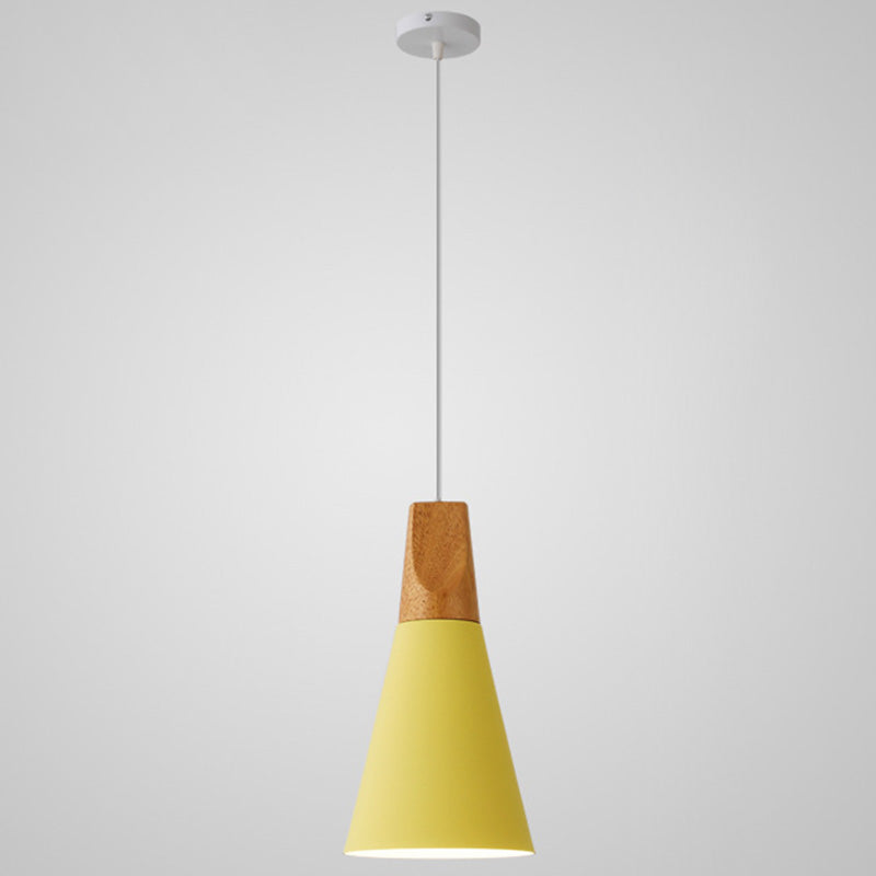 Metal Tapered Hanging Light Nordic Style 1 Light Restaurant Ceiling Pendant Lamp with Wooden Top Yellow 5.5" Clearhalo 'Ceiling Lights' 'Modern Pendants' 'Modern' 'Pendant Lights' 'Pendants' Lighting' 2579829