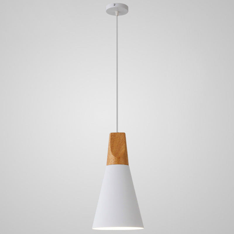 Metal Tapered Hanging Light Nordic Style 1 Light Restaurant Ceiling Pendant Lamp with Wooden Top White 5.5" Clearhalo 'Ceiling Lights' 'Modern Pendants' 'Modern' 'Pendant Lights' 'Pendants' Lighting' 2579832