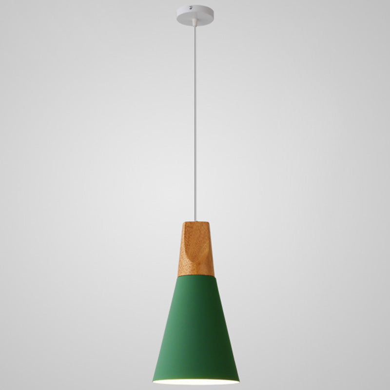 Metal Tapered Hanging Light Nordic Style 1 Light Restaurant Ceiling Pendant Lamp with Wooden Top Green 5.5" Clearhalo 'Ceiling Lights' 'Modern Pendants' 'Modern' 'Pendant Lights' 'Pendants' Lighting' 2579833