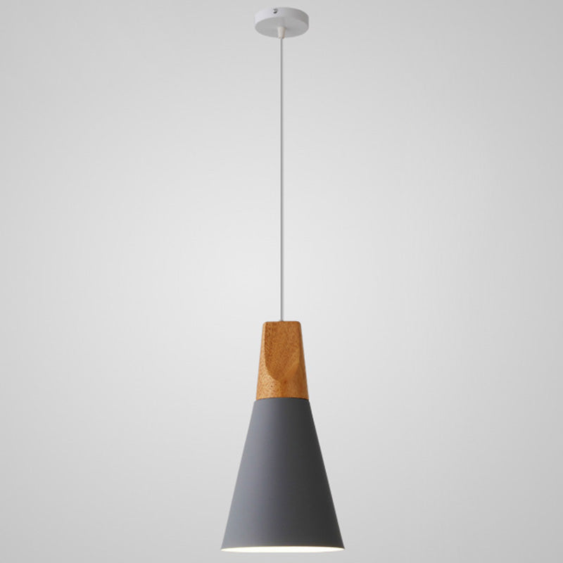 Metal Tapered Hanging Light Nordic Style 1 Light Restaurant Ceiling Pendant Lamp with Wooden Top Grey 5.5" Clearhalo 'Ceiling Lights' 'Modern Pendants' 'Modern' 'Pendant Lights' 'Pendants' Lighting' 2579835