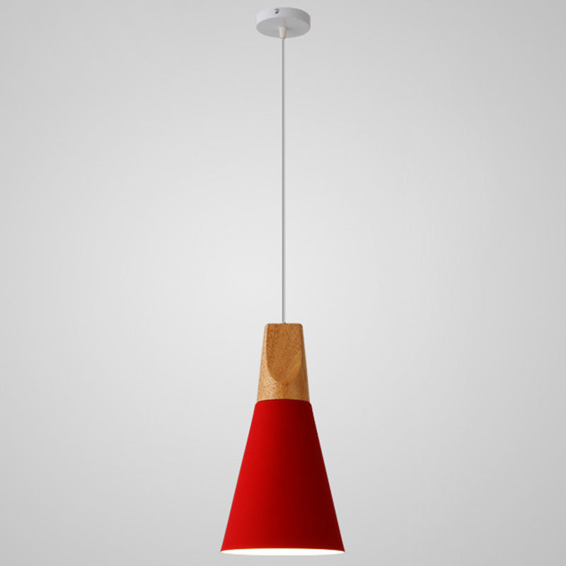 Metal Tapered Hanging Light Nordic Style 1 Light Restaurant Ceiling Pendant Lamp with Wooden Top Red 5.5" Clearhalo 'Ceiling Lights' 'Modern Pendants' 'Modern' 'Pendant Lights' 'Pendants' Lighting' 2579837