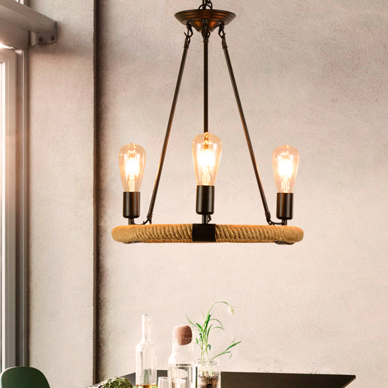 Roped Circular Chandelier Pendant Light Vintage Style 3 Lights Hanging Light with Open Bulb in Black Finish Clearhalo 'Cast Iron' 'Ceiling Lights' 'Chandeliers' 'Industrial Chandeliers' 'Industrial' 'Metal' 'Middle Century Chandeliers' 'Rustic Chandeliers' 'Tiffany' Lighting' 257984