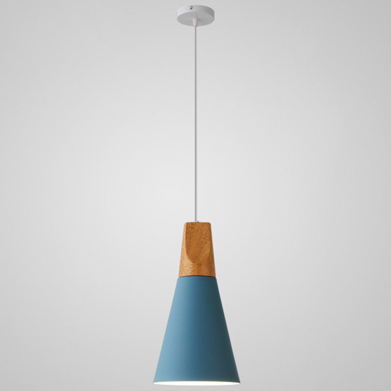 Metal Tapered Hanging Light Nordic Style 1 Light Restaurant Ceiling Pendant Lamp with Wooden Top Blue 5.5" Clearhalo 'Ceiling Lights' 'Modern Pendants' 'Modern' 'Pendant Lights' 'Pendants' Lighting' 2579840