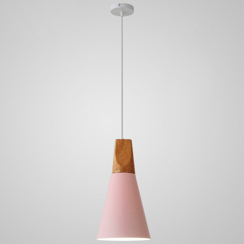 Metal Tapered Hanging Light Nordic Style 1 Light Restaurant Ceiling Pendant Lamp with Wooden Top Pink 5.5" Clearhalo 'Ceiling Lights' 'Modern Pendants' 'Modern' 'Pendant Lights' 'Pendants' Lighting' 2579841