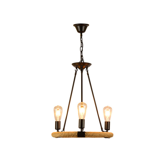 Roped Circular Chandelier Pendant Light Vintage Style 3 Lights Hanging Light with Open Bulb in Black Finish Clearhalo 'Cast Iron' 'Ceiling Lights' 'Chandeliers' 'Industrial Chandeliers' 'Industrial' 'Metal' 'Middle Century Chandeliers' 'Rustic Chandeliers' 'Tiffany' Lighting' 257985