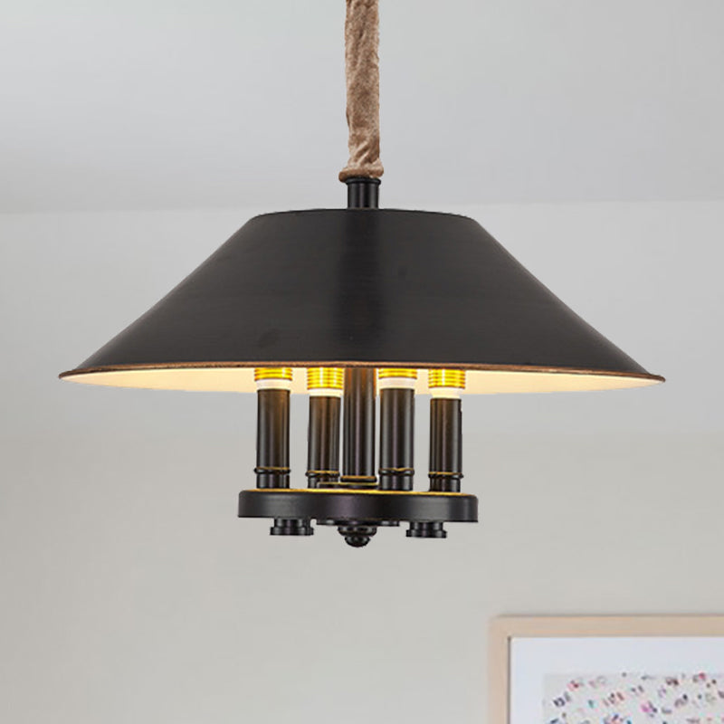 Black Cone Shade Hanging Chandelier Lamp Vintage 4 Lights Metal Pendant Lamp for Dining Room Black Clearhalo 'Cast Iron' 'Ceiling Lights' 'Chandeliers' 'Industrial Chandeliers' 'Industrial' 'Metal' 'Middle Century Chandeliers' 'Rustic Chandeliers' 'Tiffany' Lighting' 257987