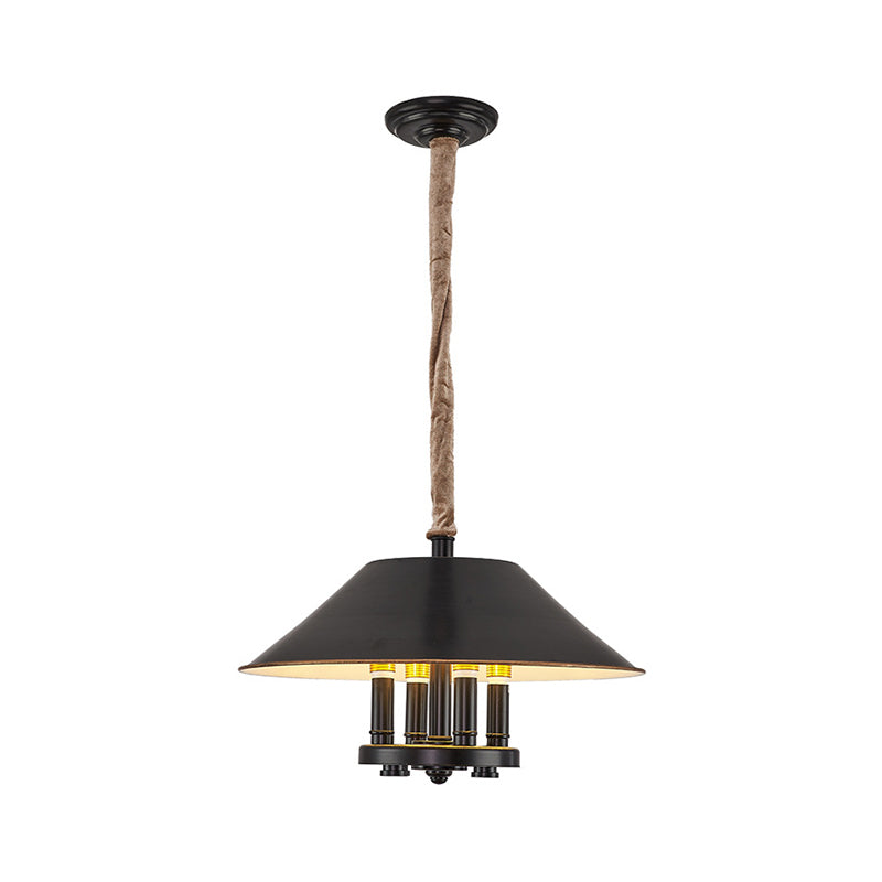 Black Cone Shade Hanging Chandelier Lamp Vintage 4 Lights Metal Pendant Lamp for Dining Room Clearhalo 'Cast Iron' 'Ceiling Lights' 'Chandeliers' 'Industrial Chandeliers' 'Industrial' 'Metal' 'Middle Century Chandeliers' 'Rustic Chandeliers' 'Tiffany' Lighting' 257989