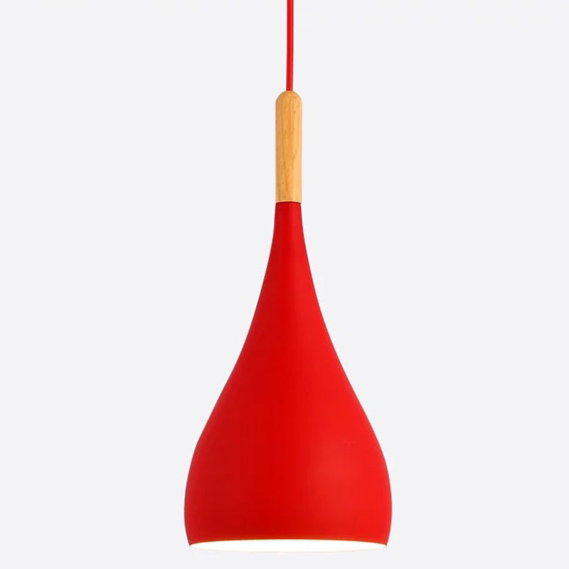 Metal Teardrop Hanging Light Nordic Style 1 Light Restaurant Ceiling Pendant Lamp with Wooden Top Red 6.5" Clearhalo 'Ceiling Lights' 'Modern Pendants' 'Modern' 'Pendant Lights' 'Pendants' Lighting' 2579891