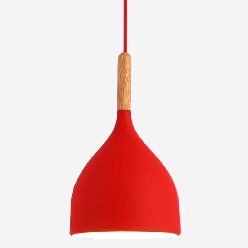Metal Teardrop Hanging Light Nordic Style 1 Light Restaurant Ceiling Pendant Lamp with Wooden Top Red 7" Clearhalo 'Ceiling Lights' 'Modern Pendants' 'Modern' 'Pendant Lights' 'Pendants' Lighting' 2579893