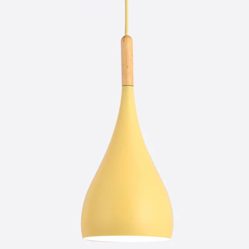 Metal Teardrop Hanging Light Nordic Style 1 Light Restaurant Ceiling Pendant Lamp with Wooden Top Yellow 6.5" Clearhalo 'Ceiling Lights' 'Modern Pendants' 'Modern' 'Pendant Lights' 'Pendants' Lighting' 2579894