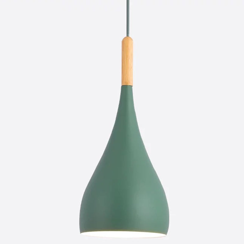 Metal Teardrop Hanging Light Nordic Style 1 Light Restaurant Ceiling Pendant Lamp with Wooden Top Green 6.5" Clearhalo 'Ceiling Lights' 'Modern Pendants' 'Modern' 'Pendant Lights' 'Pendants' Lighting' 2579898