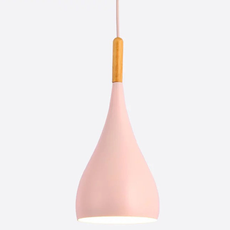 Metal Teardrop Hanging Light Nordic Style 1 Light Restaurant Ceiling Pendant Lamp with Wooden Top Pink 6.5" Clearhalo 'Ceiling Lights' 'Modern Pendants' 'Modern' 'Pendant Lights' 'Pendants' Lighting' 2579903