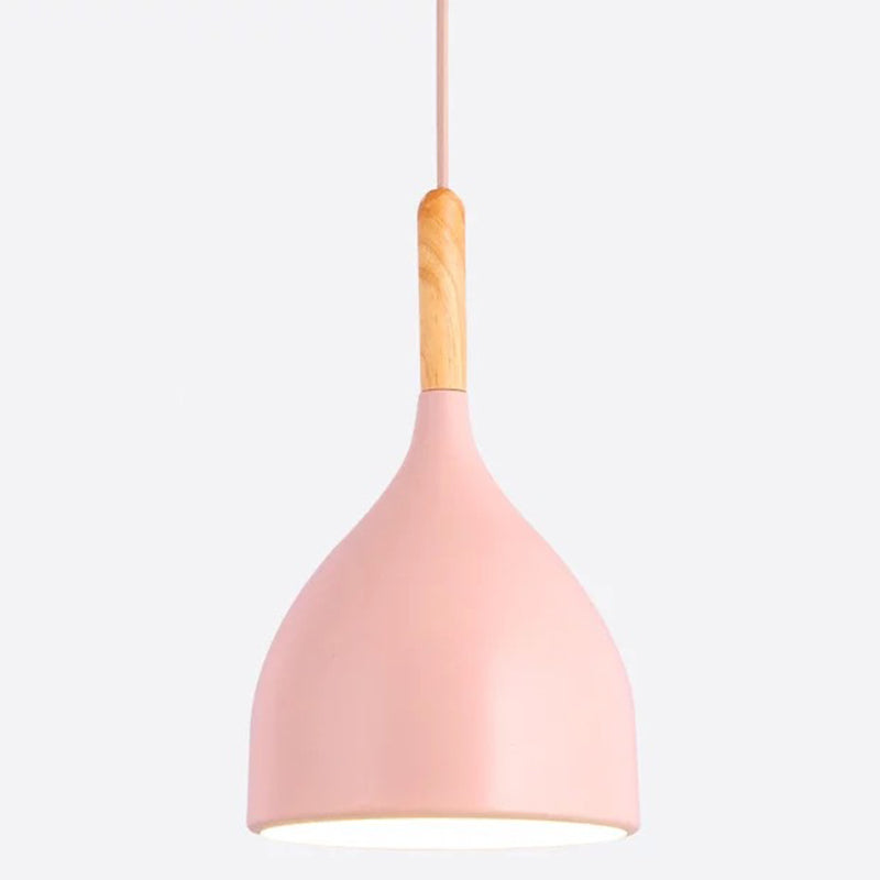 Metal Teardrop Hanging Light Nordic Style 1 Light Restaurant Ceiling Pendant Lamp with Wooden Top Pink 7" Clearhalo 'Ceiling Lights' 'Modern Pendants' 'Modern' 'Pendant Lights' 'Pendants' Lighting' 2579905