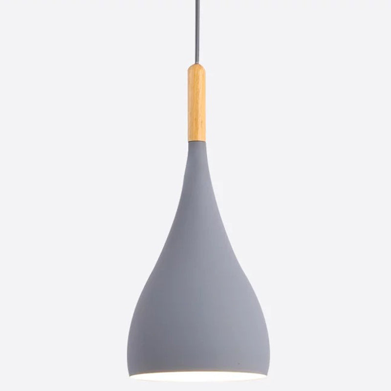 Metal Teardrop Hanging Light Nordic Style 1 Light Restaurant Ceiling Pendant Lamp with Wooden Top Grey 6.5" Clearhalo 'Ceiling Lights' 'Modern Pendants' 'Modern' 'Pendant Lights' 'Pendants' Lighting' 2579907