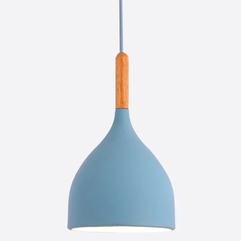 Metal Teardrop Hanging Light Nordic Style 1 Light Restaurant Ceiling Pendant Lamp with Wooden Top Blue 7" Clearhalo 'Ceiling Lights' 'Modern Pendants' 'Modern' 'Pendant Lights' 'Pendants' Lighting' 2579912