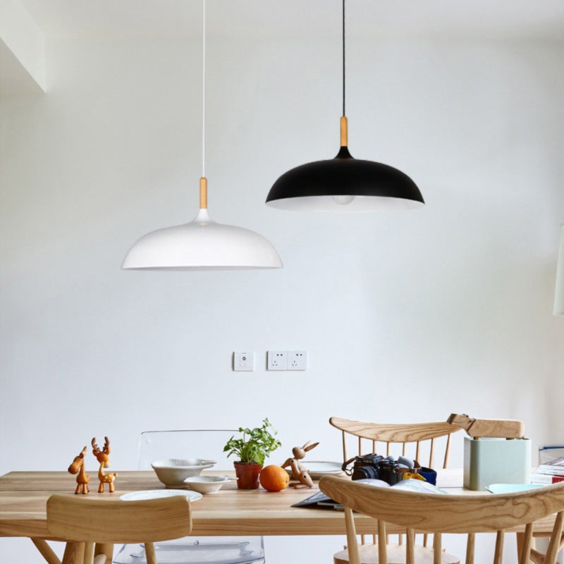 Dome Dining Room Drop Pendant Modern Style Metal 1 Light Hanging Ceiling Light with Wooden Top Clearhalo 'Ceiling Lights' 'Modern Pendants' 'Modern' 'Pendant Lights' 'Pendants' Lighting' 2579946
