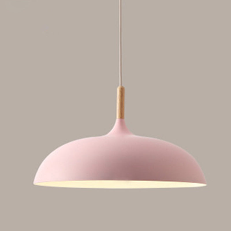 Dome Dining Room Drop Pendant Modern Style Metal 1 Light Hanging Ceiling Light with Wooden Top Pink Clearhalo 'Ceiling Lights' 'Modern Pendants' 'Modern' 'Pendant Lights' 'Pendants' Lighting' 2579948