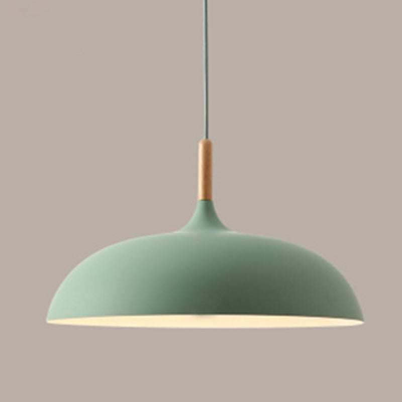 Dome Dining Room Drop Pendant Modern Style Metal 1 Light Hanging Ceiling Light with Wooden Top Green Clearhalo 'Ceiling Lights' 'Modern Pendants' 'Modern' 'Pendant Lights' 'Pendants' Lighting' 2579951