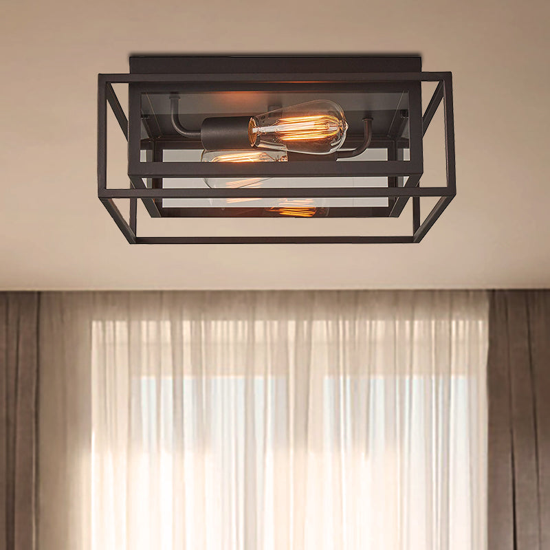 2 Lights Indoor Flush Ceiling Light Vintage Style Black Flush Mount Lamp with Squared Frame Clear Glass Shade Black Clearhalo 'Ceiling Lights' 'Close To Ceiling Lights' 'Close to ceiling' 'Flush mount' 'Industrial Flush Mount' Lighting' 258013
