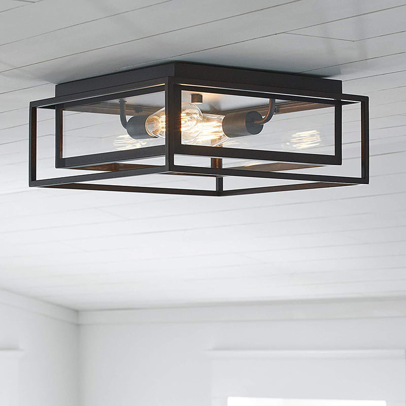 2 Lights Indoor Flush Ceiling Light Vintage Style Black Flush Mount Lamp with Squared Frame Clear Glass Shade Clearhalo 'Ceiling Lights' 'Close To Ceiling Lights' 'Close to ceiling' 'Flush mount' 'Industrial Flush Mount' Lighting' 258014