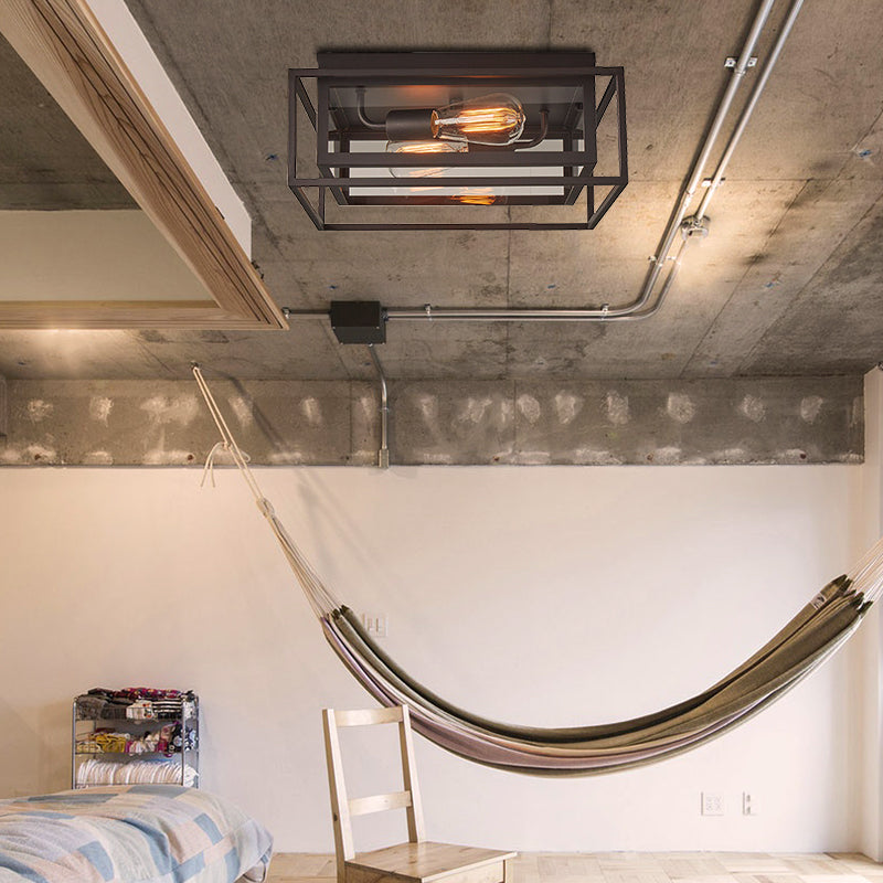 2 Lights Indoor Flush Ceiling Light Vintage Style Black Flush Mount Lamp with Squared Frame Clear Glass Shade Clearhalo 'Ceiling Lights' 'Close To Ceiling Lights' 'Close to ceiling' 'Flush mount' 'Industrial Flush Mount' Lighting' 258015