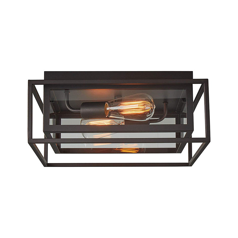 2 Lights Indoor Flush Ceiling Light Vintage Style Black Flush Mount Lamp with Squared Frame Clear Glass Shade Clearhalo 'Ceiling Lights' 'Close To Ceiling Lights' 'Close to ceiling' 'Flush mount' 'Industrial Flush Mount' Lighting' 258016