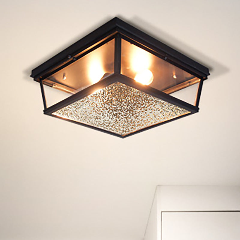 Industrial Squared Flush Ceiling Fixture Frosted Glass 2 Lights Corridor Flushmount Lamp in Black Clearhalo 'Ceiling Lights' 'Close To Ceiling Lights' 'Close to ceiling' 'Flush mount' 'Industrial Flush Mount' Lighting' 258023