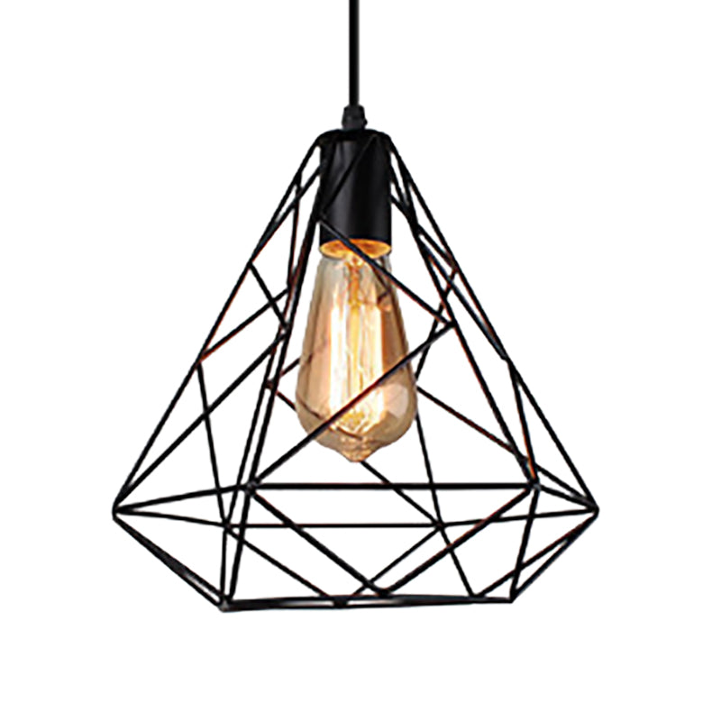 Diamond Shade Hanging Lighting Farmhouse Style Metal 1 Light Kitchen Ceiling Fixture with Wire Frame in Black Clearhalo 'Art Deco Pendants' 'Black' 'Cast Iron' 'Ceiling Lights' 'Ceramic' 'Crystal' 'Industrial Pendants' 'Industrial' 'Metal' 'Middle Century Pendants' 'Pendant Lights' 'Pendants' 'Rustic Pendants' 'Tiffany' Lighting' 258047