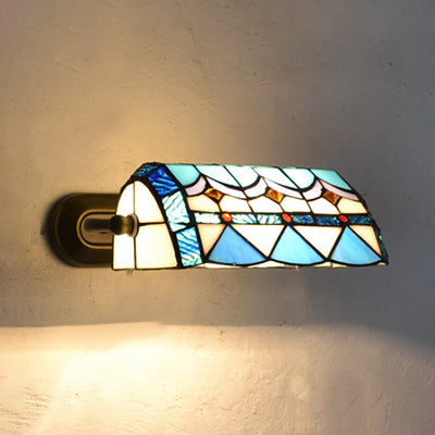 Banker Wall Light Retro Style Stained Glass 1 Light Wall Mount Fixture in Beige/Blue for Bedside Blue Clearhalo 'Industrial' 'Middle century wall lights' 'Tiffany wall lights' 'Tiffany' 'Wall Lamps & Sconces' 'Wall Lights' Lighting' 25809