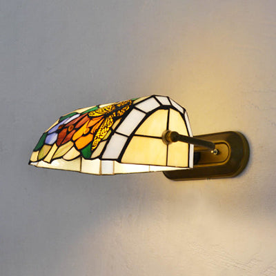 Banker Wall Light Retro Style Stained Glass 1 Light Wall Mount Fixture in Beige/Blue for Bedside Beige Clearhalo 'Industrial' 'Middle century wall lights' 'Tiffany wall lights' 'Tiffany' 'Wall Lamps & Sconces' 'Wall Lights' Lighting' 25810