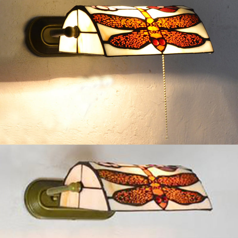 Beige Banker Wall Sconce without/with Pull Chain Vintage Stained Glass 1 Head Wall Sconce Lighting with Dragonfly Pattern Clearhalo 'Industrial' 'Middle century wall lights' 'Tiffany wall lights' 'Tiffany' 'Wall Lamps & Sconces' 'Wall Lights' Lighting' 25812