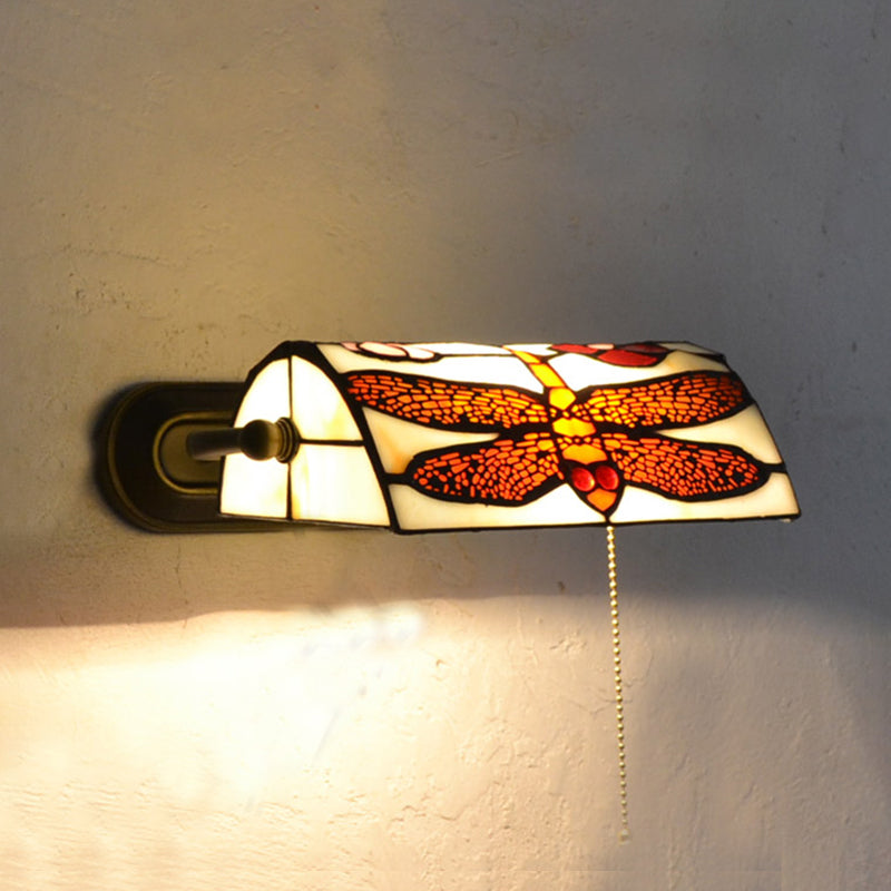 Beige Banker Wall Sconce without/with Pull Chain Vintage Stained Glass 1 Head Wall Sconce Lighting with Dragonfly Pattern Beige with Pull Chain Clearhalo 'Industrial' 'Middle century wall lights' 'Tiffany wall lights' 'Tiffany' 'Wall Lamps & Sconces' 'Wall Lights' Lighting' 25813