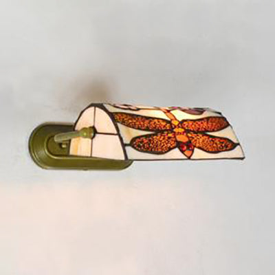 Beige Banker Wall Sconce without/with Pull Chain Vintage Stained Glass 1 Head Wall Sconce Lighting with Dragonfly Pattern Beige without Pull Chain Clearhalo 'Industrial' 'Middle century wall lights' 'Tiffany wall lights' 'Tiffany' 'Wall Lamps & Sconces' 'Wall Lights' Lighting' 25814