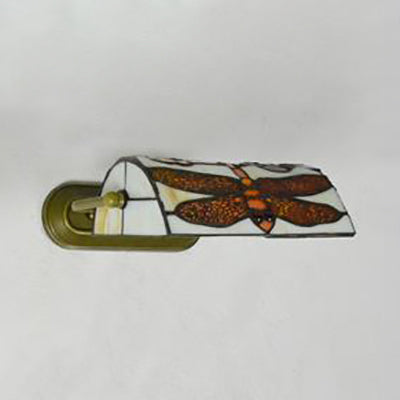 Beige Banker Wall Sconce without/with Pull Chain Vintage Stained Glass 1 Head Wall Sconce Lighting with Dragonfly Pattern Clearhalo 'Industrial' 'Middle century wall lights' 'Tiffany wall lights' 'Tiffany' 'Wall Lamps & Sconces' 'Wall Lights' Lighting' 25815