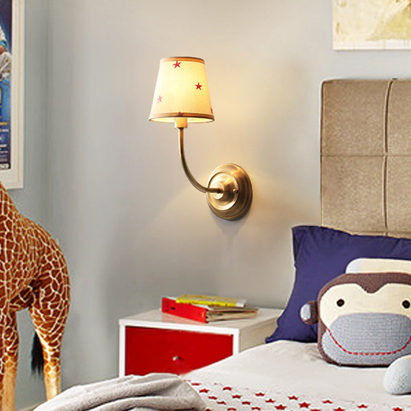 1 Head Tapered Shade Wall Lamp Traditional Style Fabric Metal Sconce Light in Gold for Child Bedroom Clearhalo 'Wall Lamps & Sconces' 'Wall Lights' Lighting' 258270