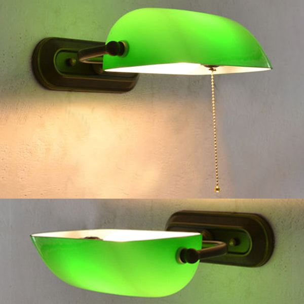 Green Banker Wall Light without/with Pull Chain Tiffany Stained Glass 1 Head Wall Mount Fixture for Bedside Clearhalo 'Industrial' 'Middle century wall lights' 'Tiffany wall lights' 'Tiffany' 'Wall Lamps & Sconces' 'Wall Lights' Lighting' 25829