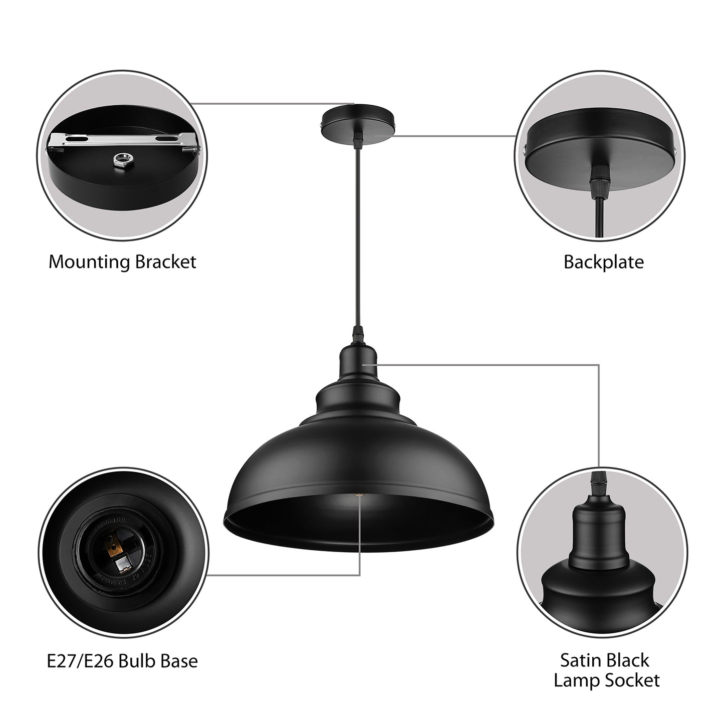 Black/Gray 1 Bulb Hanging Fixture Retro Metal Dome Shade Ceiling Pendant with Adjustable Cord, 12"/14"/16" W Clearhalo 'Art Deco Pendants' 'Black' 'Cast Iron' 'Ceiling Lights' 'Ceramic' 'Crystal' 'Industrial Pendants' 'Industrial' 'Metal' 'Middle Century Pendants' 'Pendant Lights' 'Pendants' 'Rustic Pendants' 'Tiffany' Lighting' 2584