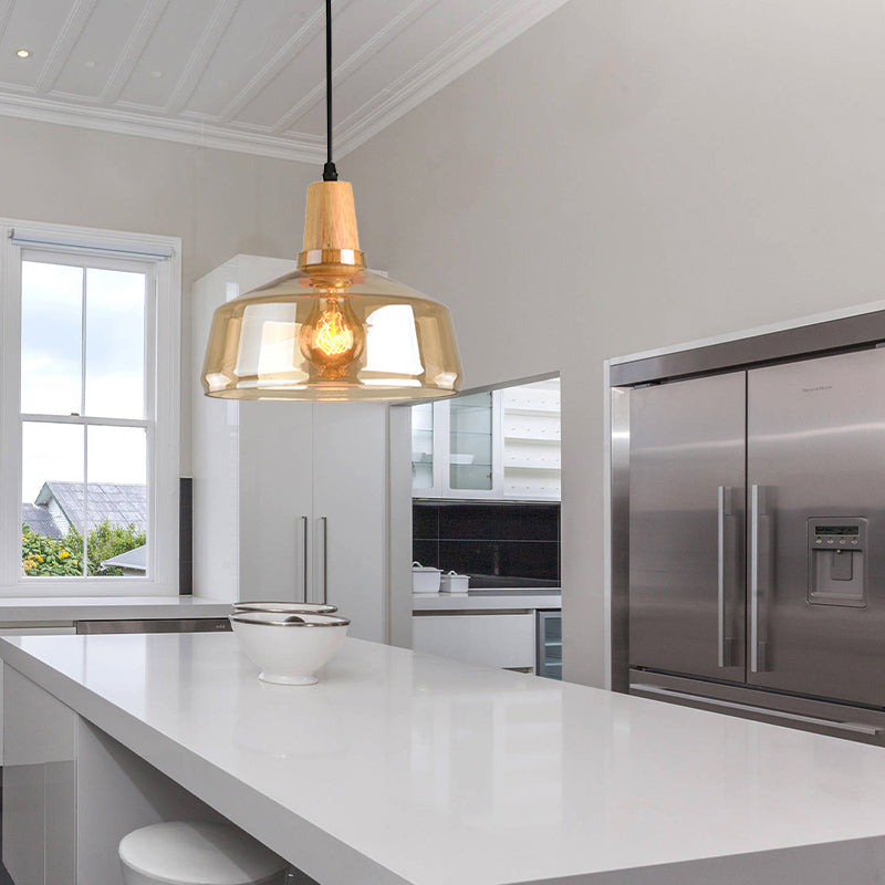 Modern 1 Light Pendant Lamp Amber Glass Shade Barn/Disc/Trifle Hanging Light Kit, 5.5"/7.5"/13" Wide Clearhalo 'Ceiling Lights' 'Chandeliers' 'Glass shade' 'Glass' 'Modern Pendants' 'Modern' 'Pendant Lights' 'Pendants' Lighting' 258419