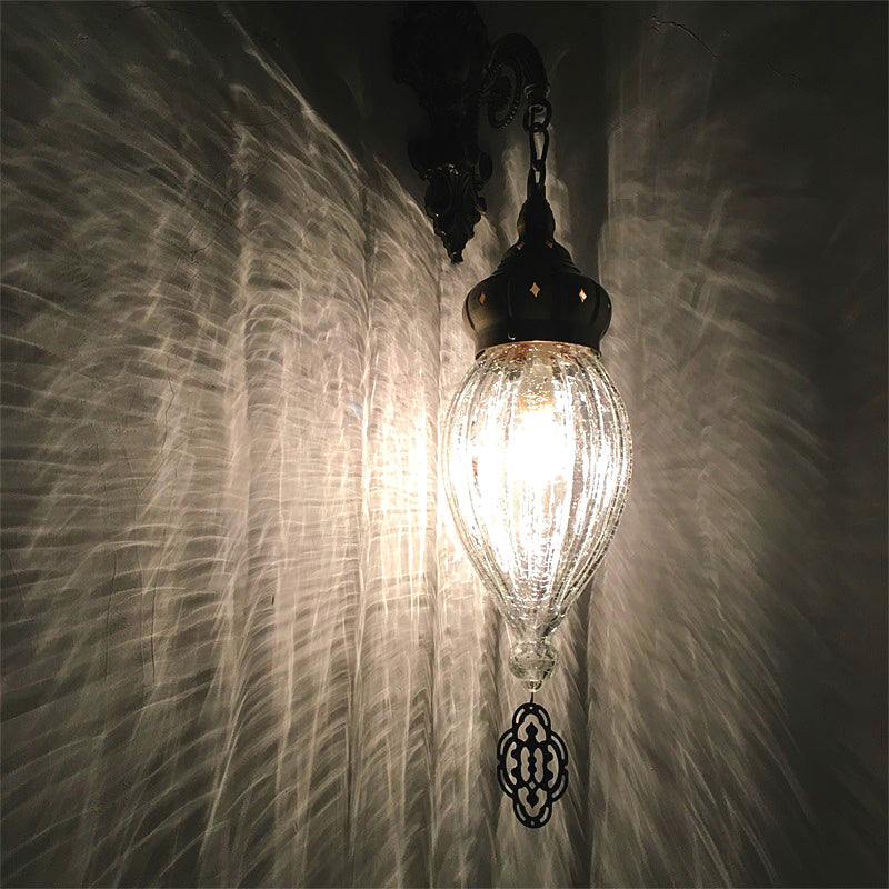 Traditional Teardrop Sconce Black/White/Light Blue Glass 1 Head Wall Mounted Lamp with Carved Metal Arm White Clearhalo 'Wall Lamps & Sconces' 'Wall Lights' Lighting' 258624