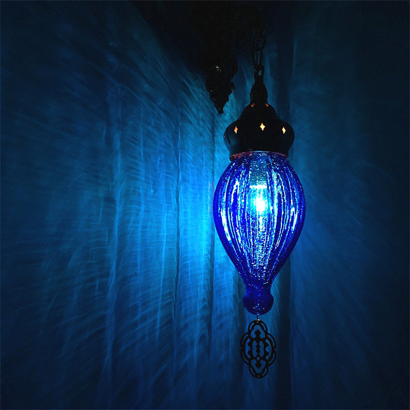 Traditional Teardrop Sconce Black/White/Light Blue Glass 1 Head Wall Mounted Lamp with Carved Metal Arm Dark Blue Clearhalo 'Wall Lamps & Sconces' 'Wall Lights' Lighting' 258630